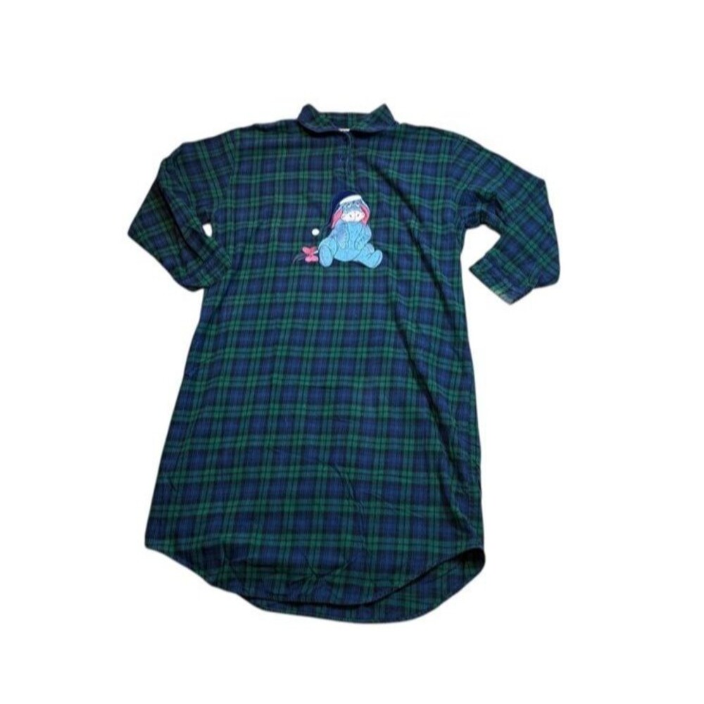 Vtg Disney Store Nightgown Womens Size XL Eeyore Flannel Plaid Green Blue *READ* - Picture 1 of 7